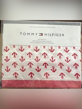 Tommy Hilfiger White Twin Sheet Set with Red Anchor Print